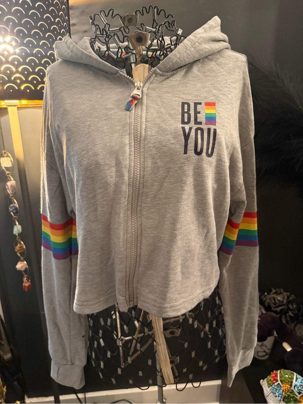 Gray Zip-Up Pride Hoodie with Rainbow Accents - "Be You"